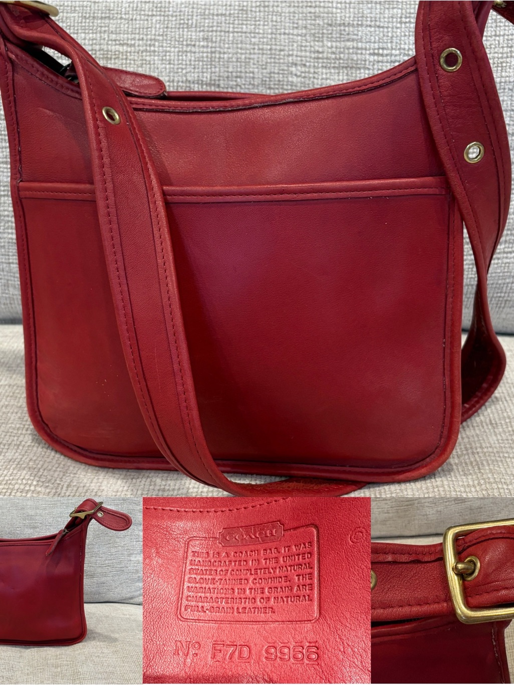 Coach Vintage Red Leather Shoulder Bag With Brass-Tone Hardware